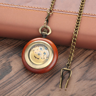 Mahogany Texture Dial Golden Roman Literal Automatic Mechanical Wooden Pocket Watch